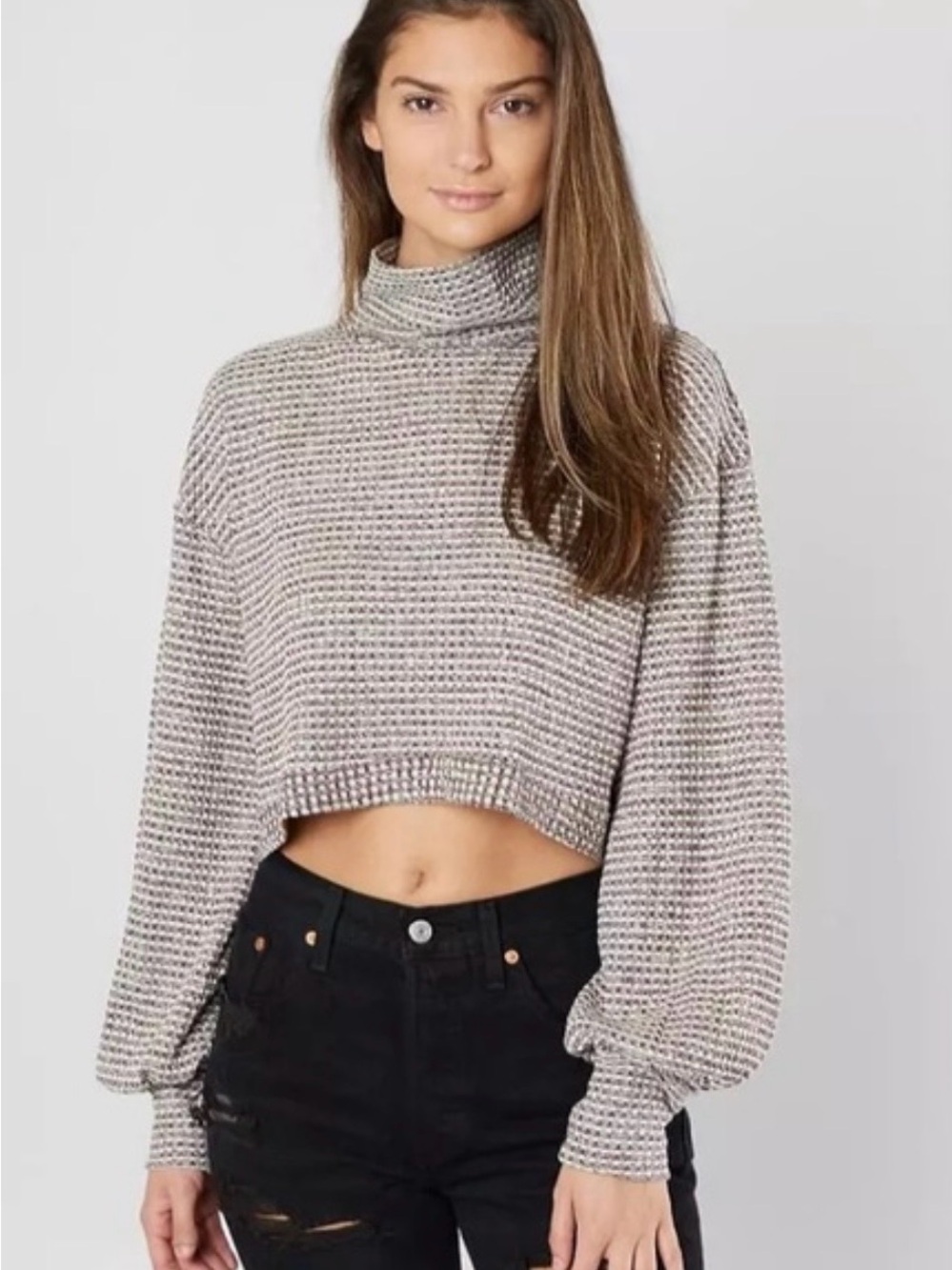 Free People Waffle Knit Thermal Turtleneck Cropped Top M Burgundy